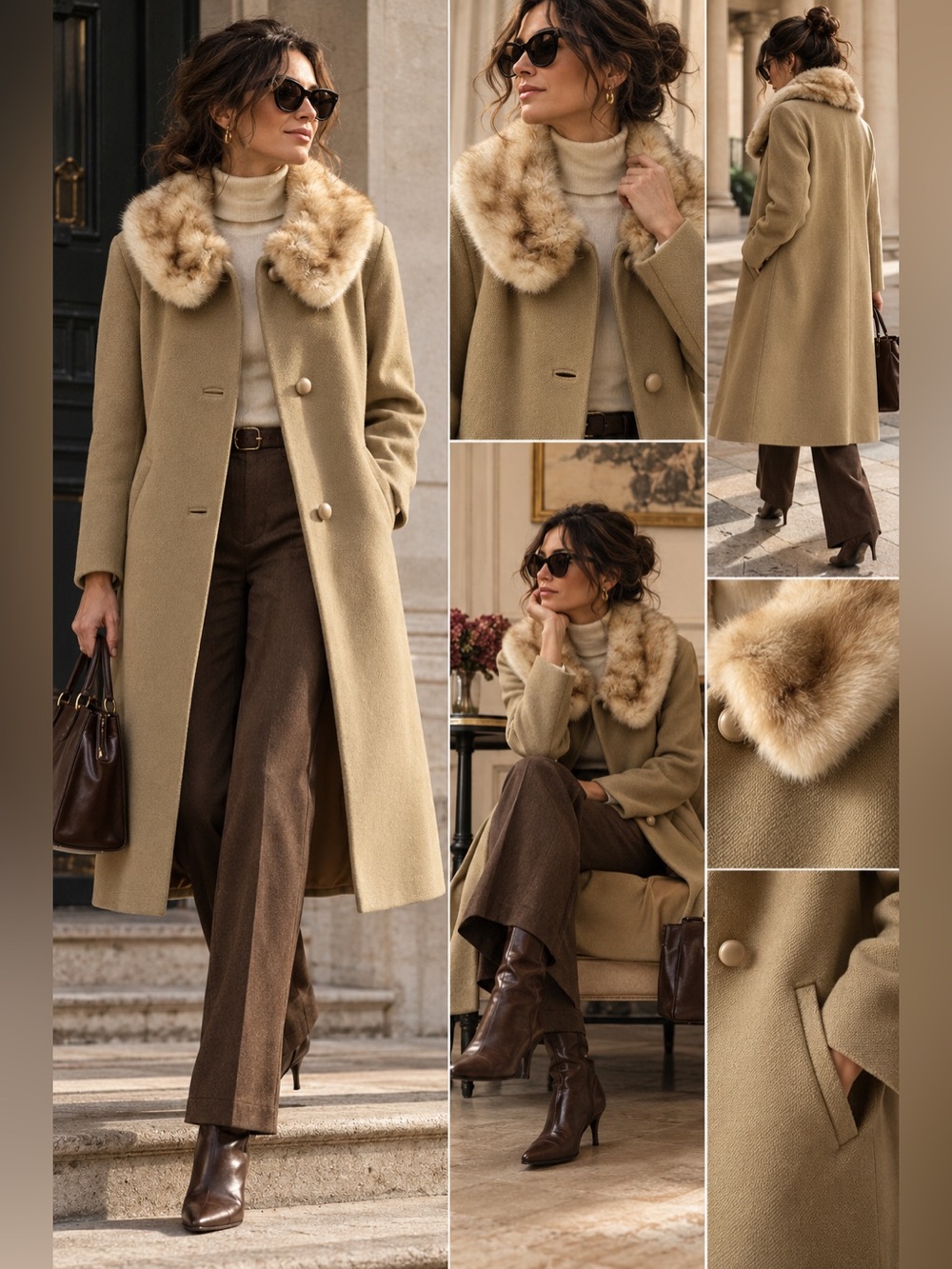 Vintage 1950s 60s Wool Coat Mink Fur Collar Camel Beige M